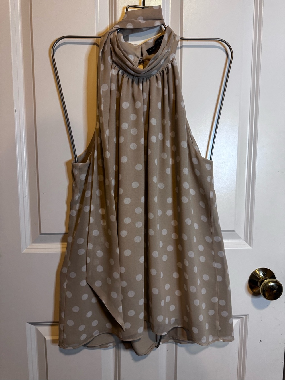 Tan & White Polka Dot Halter Blouse,sleeveless, keyhole back, tie accessory